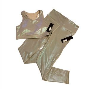 NWT silver blue metallic yoga bra top and leggings set Mono B